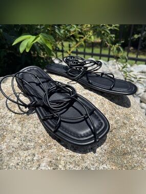 Open Edit Black Lace Up Wrap Flat Sandals Minimalist Square Toe Women 8.5 Summer